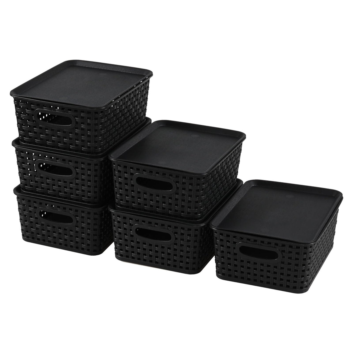 Aninhao Plastic Storage Basket with Lid, Kitchen Cupboard Organiser Baskets, Black, 6-Pack