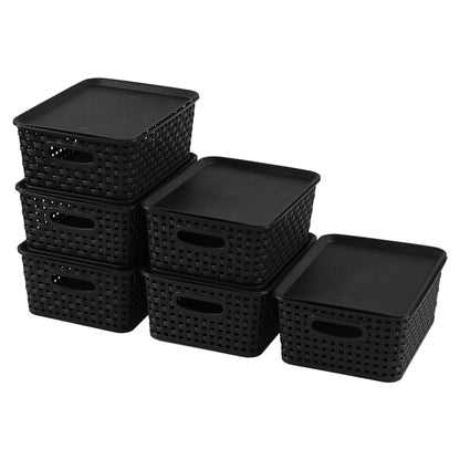 Aninhao Plastic Storage Basket with Lid, Kitchen Cupboard Organiser Baskets, Black, 6-Pack