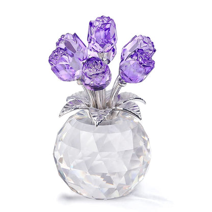 Crystal Purple Rose Bouquet Figurines Gifts for Women Valentine's Day, Glass Floral Ornament for Mother's Day Birthday Christmas Amethyst Collectible
