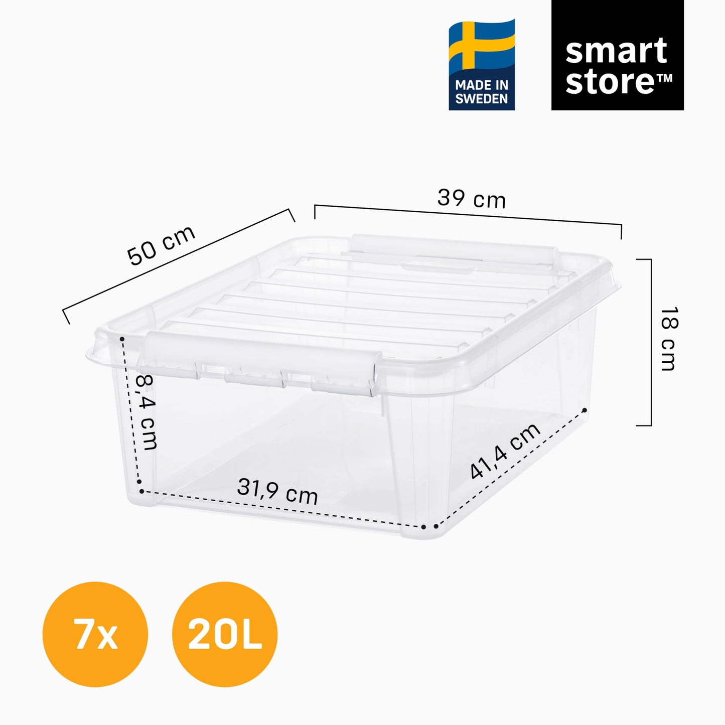 SmartStore - 7x Plastic Storage Box with Lid Classic 20L (50x39x18cm) |Plastic Storage Drawers with Lid|Food-Safe Material|Kitchen &