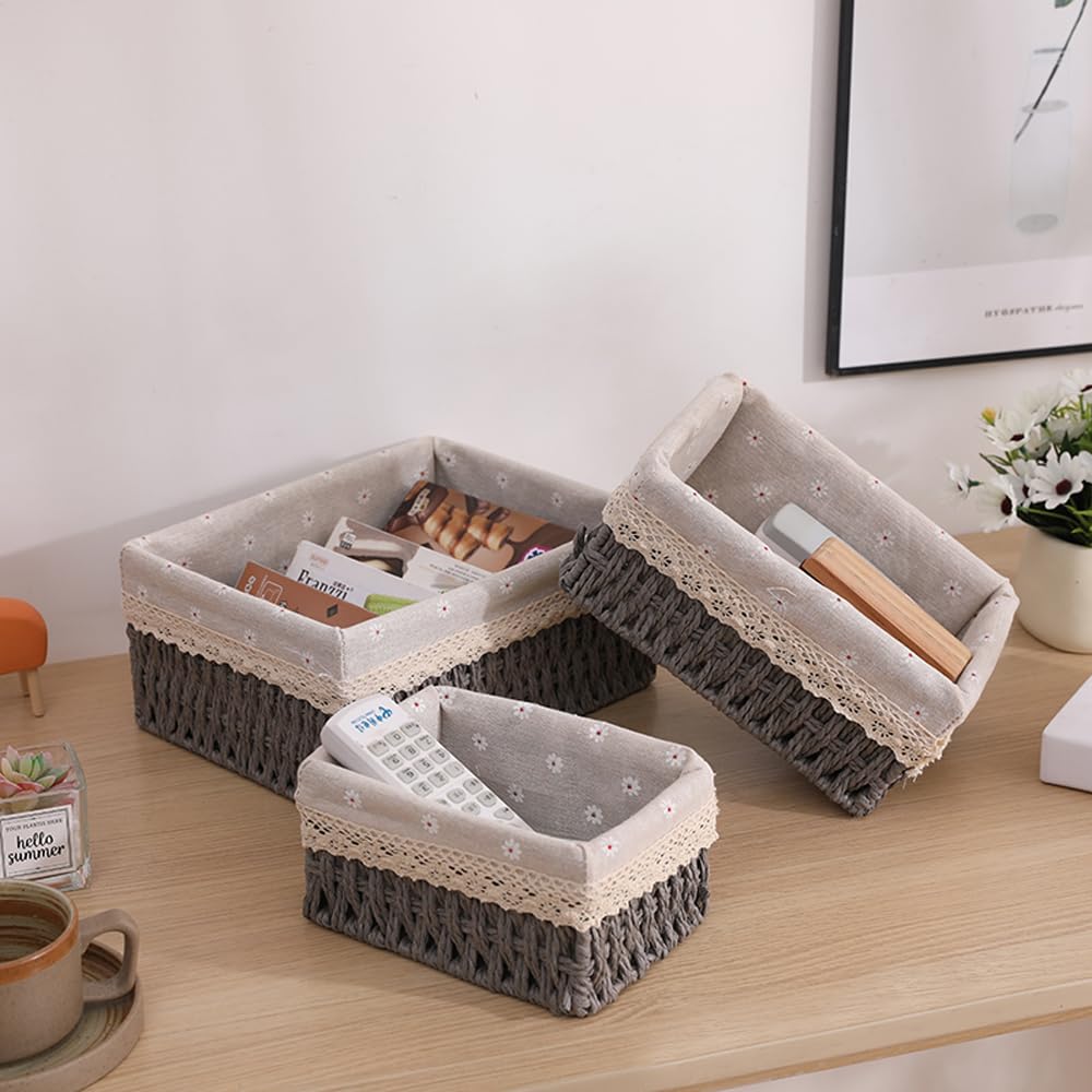 KiKiHong Set of 3 Rope Woven Storage Baskets Grey Wicker Basket