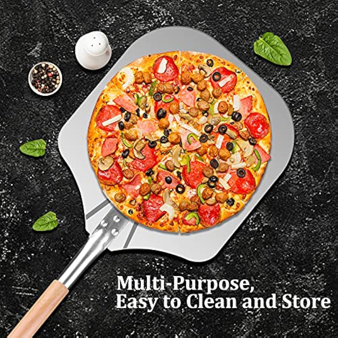 Sinbury Pizza Peel Tools Set, 5 PCS Pizza Making Tool Kit, Including 12 Inch Pizza Paddle, Rocker Cutter, Spatula, Cutter, Food Clip,