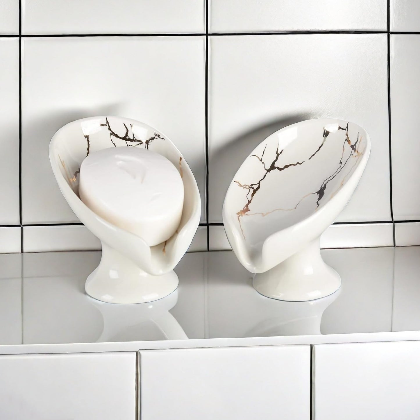 Umlaca Soap Dish Ceramic,Self Draining Soap Holder Keep Soap Dry,Leaf Shape Soap Tray Vintage,Suitable for Kitchen, Bathroom, Shower (White two-piece