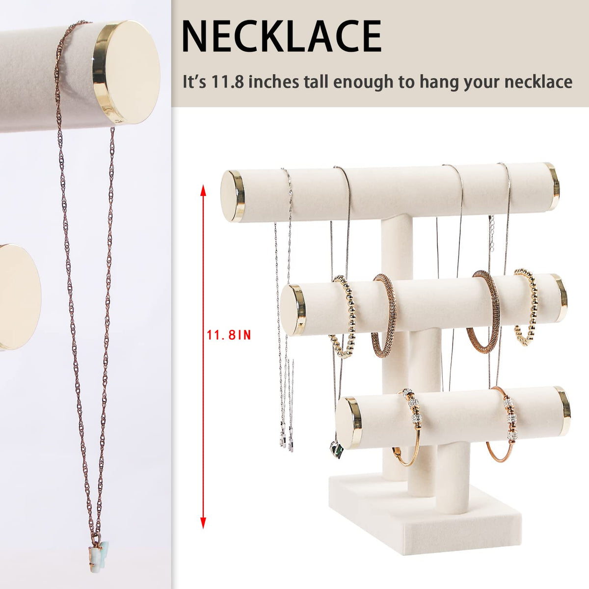 Pengup 3 Tier Bracelet Holder,Bracelet Display Stand with Metal Cap,Beige White Velvet Jewelry Organizer Displays for Necklace Scrunchies Watches