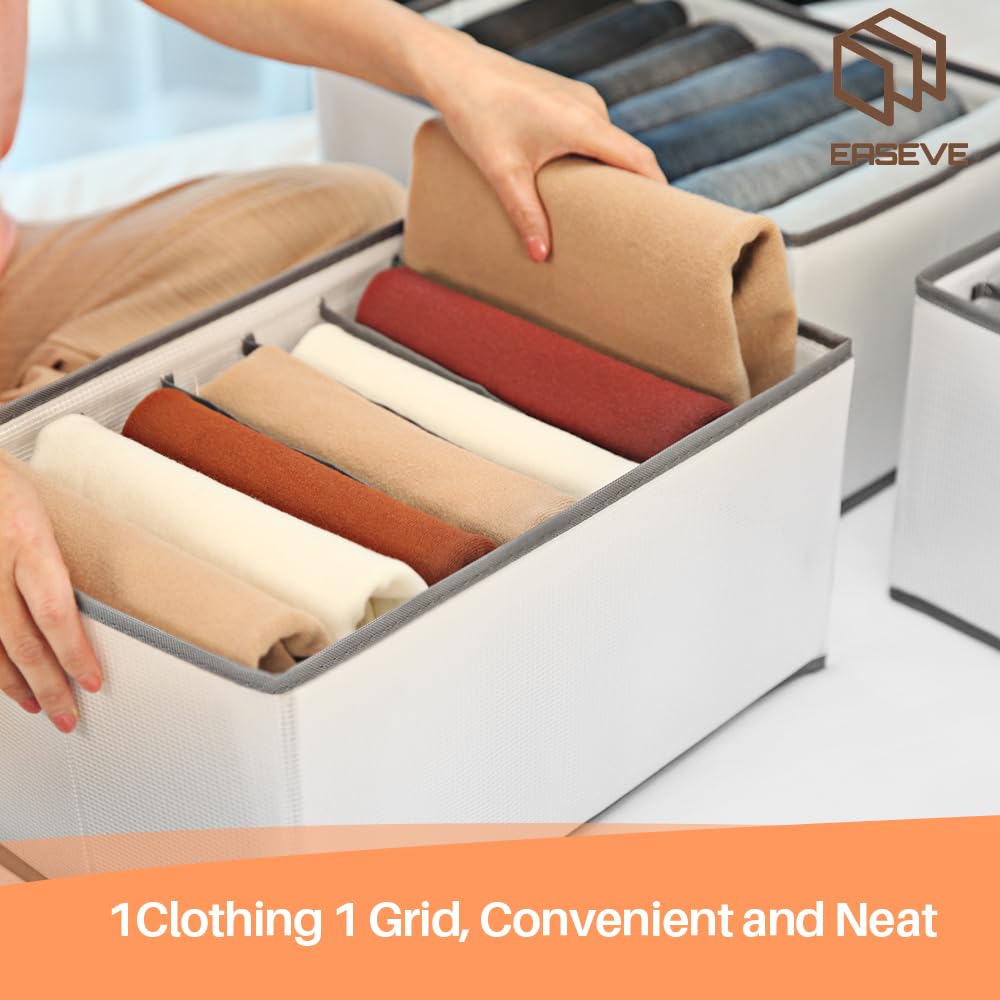 EASEVE 6 Pack Wardrobe Closet Organiser and Storage for Clothes - 7 Grids Foldable Drawer Dividers Organizer for Jeans | Trousers | Shirts | Pants,