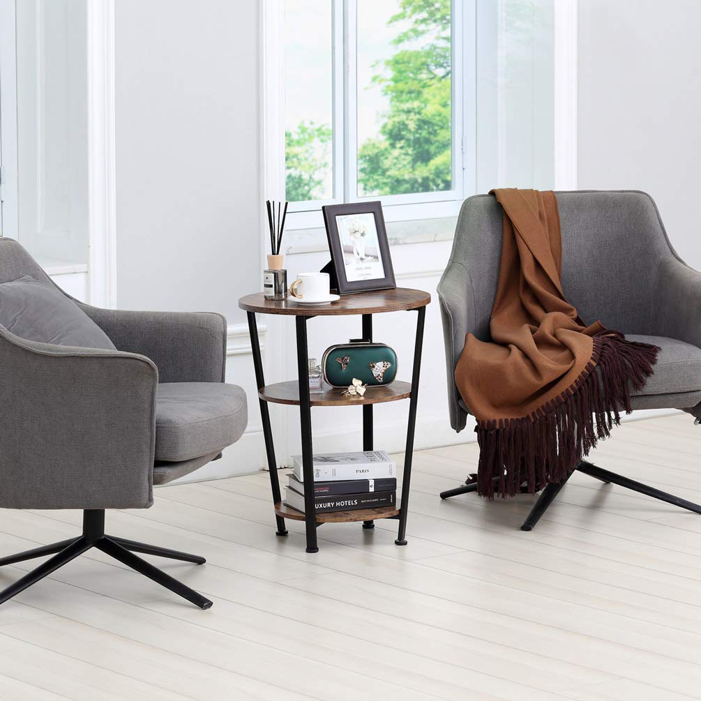 DREAMSOULE Industrial End Table, 3 Tiers Round Side Table with Sturdy Metal Frame, Round Sofa Table, Vintage Nightstand for Living Room Bedroom