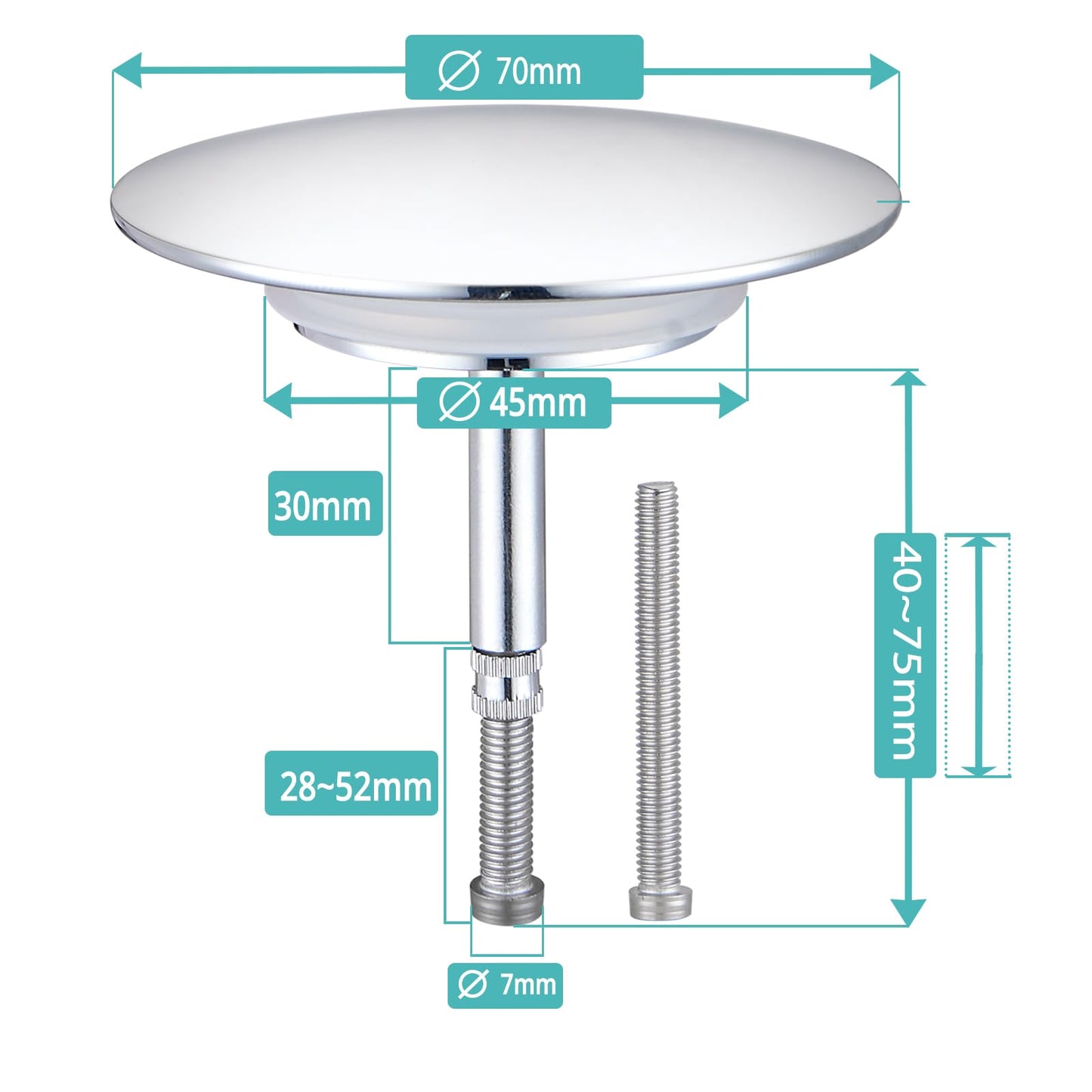 Bath Plug Diameter 72mm Chrome Plated Drain Plug with Innovative Double Seal Waste for Most Bathtub Height Adjustable