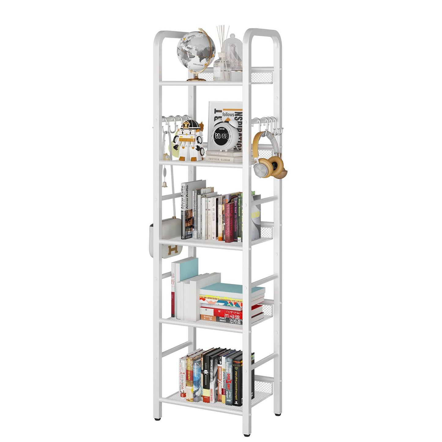 YMYNY Bookshelf, Bookcase, 5-Tier Storage Shelf, Metal Shelving Unit, 8Pcs S Hooks, Modern Style, 36 x 27 x 146 cm, Corner Shelf, Display Units for