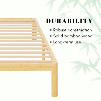 QFtime Bamboo Wood King Size Bed Frame with Metal Slats Support, Platform King Bed Frame, Easy to Install, Noise Free, Sturdy, 35.5 cm High
