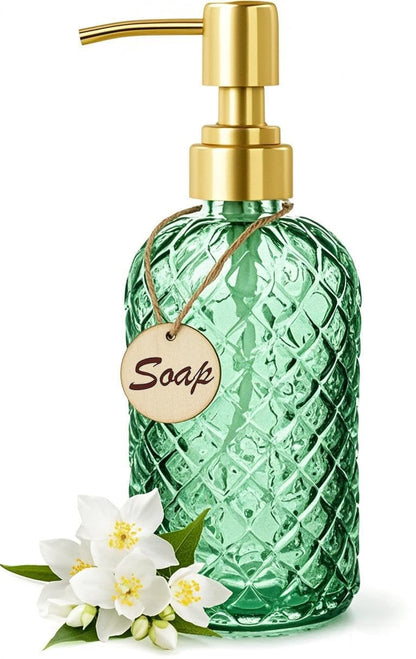 Bingobang Glass Soap Dispenser with Hand Gold Pump 470ml, Green