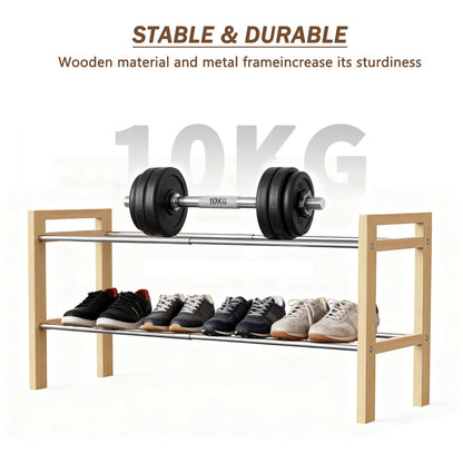 LEMIKKLE Shoe Rack Wooden, 2-Tier Oak Shoe Rack Expandable Stainless Steel Design, Ideal for Small Shoe Storage for Narrow Space