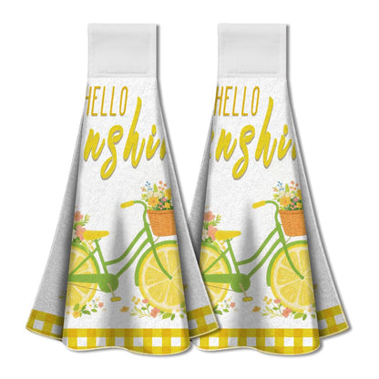 WADORN 2Pcs Lemon Bicycle Flowers Hand Towels with Hanging Loop, Soft Absorbent Bicycle Kitchen Towels Farmhouse Summer Decor Dish Cloths Set for