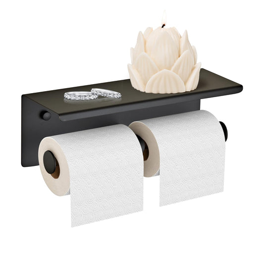 Double Toilet Smartphone Paper Holder with Shelf Black,SUS 304 Stainless Steel Double Head Bathroom Wall Mounted Tissue Storage Rack(Black) YIGUANXIN