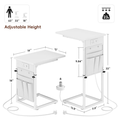 Vagusicc C-Shaped Side Table with Charging Station, Height Adjustable Sofa Side Table, Bedside Table, End Table for Small Spaces