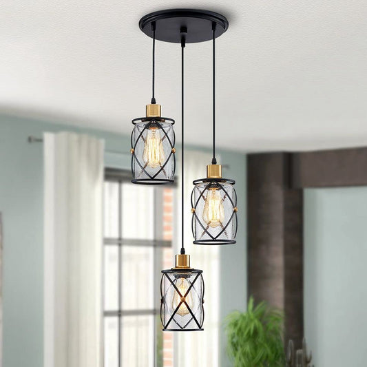 WUZUPS Chandelier Semi Flushmount Industrial 3-Light Pendant Ceiling Light Fixture Clear Seeded Glass Shade for Entryway Porch Foyer Kitchen Dining