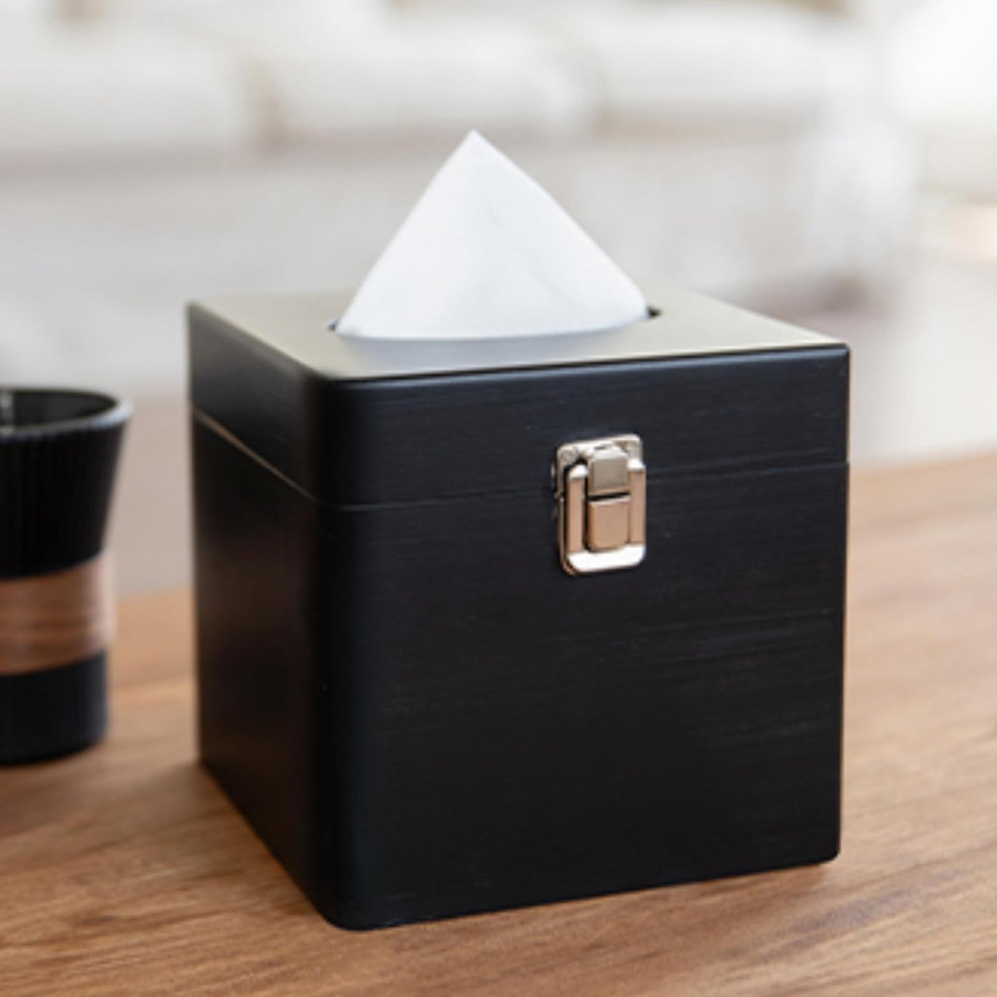 Black Tissue Box Holder Square - Wooden Tissue Box Cover with Retro Metal Switch, Toilet Paper Holder, Solid Wood Countertop Bathroom Accessories,