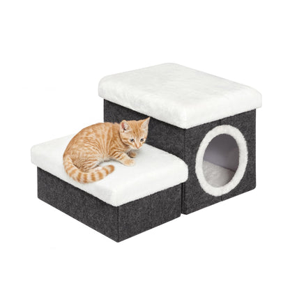 Bonlife Cat House Pet Stairs for Beds Sofa, Dog Bed for Indoor, Foldable Cat Climb Ladder with Storage,2-Tier Pet Steps with Toy Box,Dark