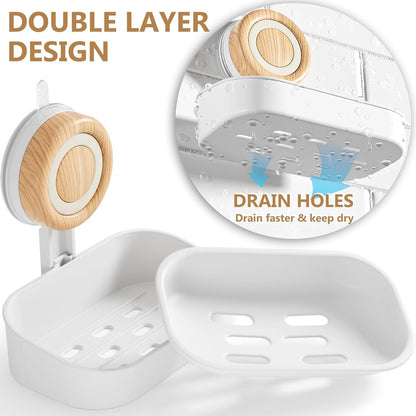 1 Pack Double Layer Soap Dish for Shower, Wall Mounted Bar Soap Holder Suction Cup 2 Layer Self Draining Soap Case Sponge Holder for Shower Bathroom