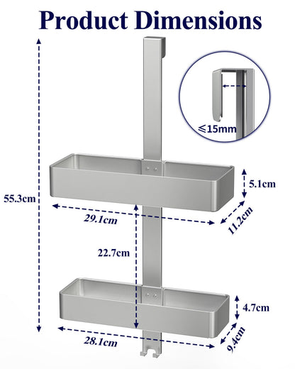 Kitsure Over Door Shower Caddy, 2-Tier Hanging Bathroom Shelf, Silver
