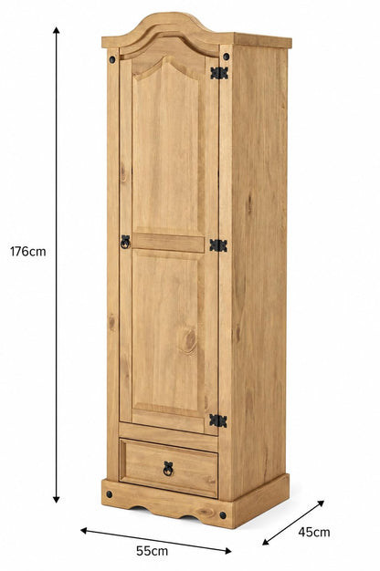 Corona Wardrobe 1 Door 1 Drawer Arch Top Solid Mexican Pine Wood Bedroom Storage 176cm x 55cm x 45cm