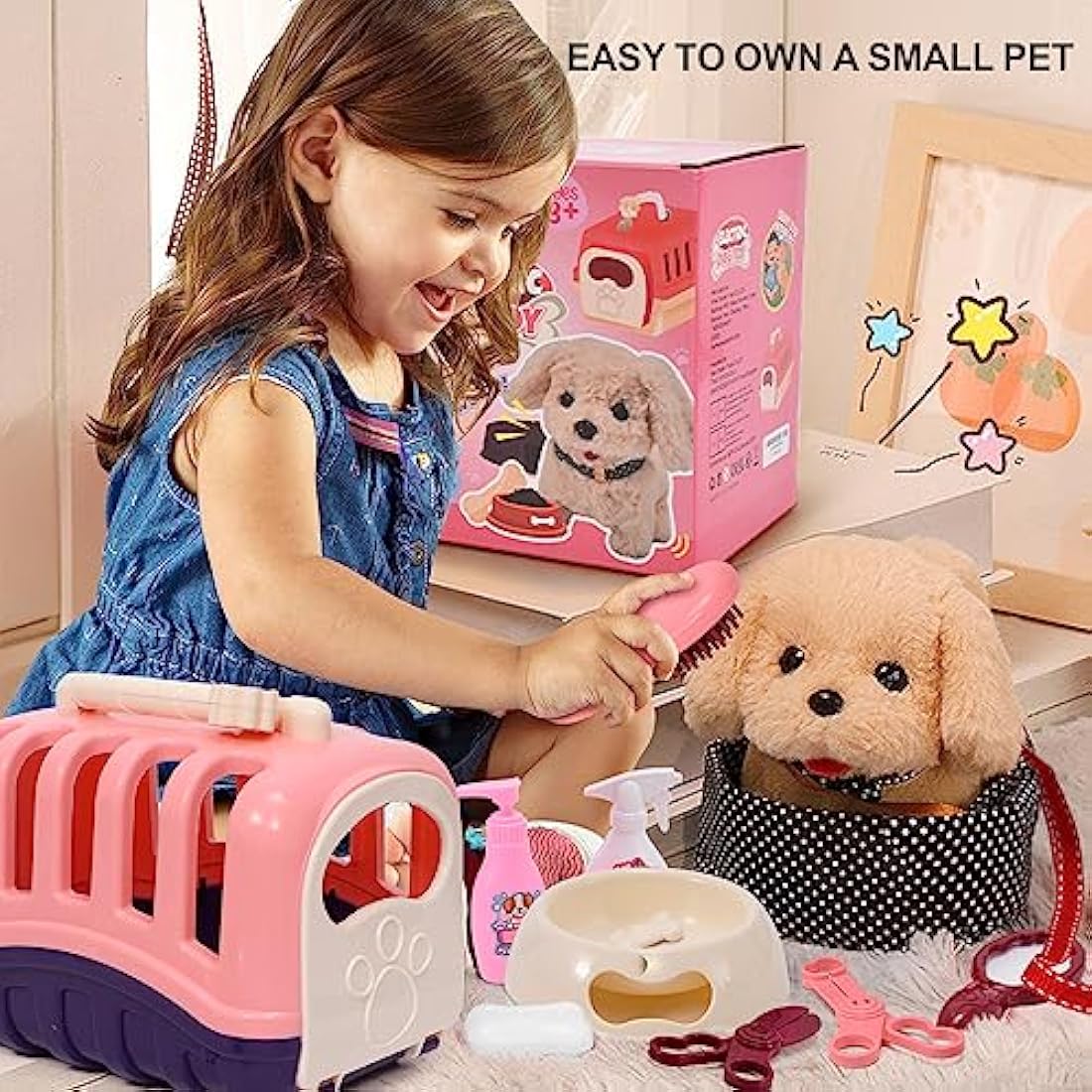 Tacobear Electronic Pets Toy Plush Puppy Dog for Kids, Pet Carrier Grooming and Feeding Playset, Interactive Dog Walking Barking Wagging Tail Educational Toys for Toddler Kids Gift