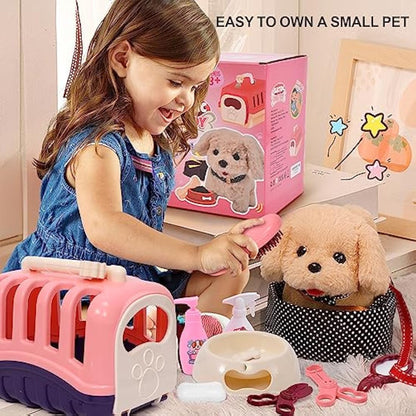 Tacobear Electronic Pets Toy Plush Puppy Dog for Kids, Pet Carrier Grooming and Feeding Playset, Interactive Dog Walking Barking Wagging Tail Educational Toys for Toddler Kids Gift