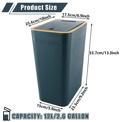 AHAQU 12L/2.6 Gallon Garbage Bin with Lid, Push Button Rubbish Bin for Kitchen, Plastic Slim Trash Can Dustbin for Bathroom, Bedroom, Living Room