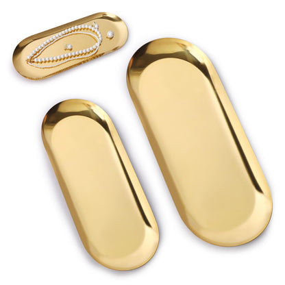 Minicoco 2PCS Oval Tray Stainless Steel Jewellery Cosmetic Tray Perfume Candle Holder Decorative Tea Fruit Key Bowl (Gold)