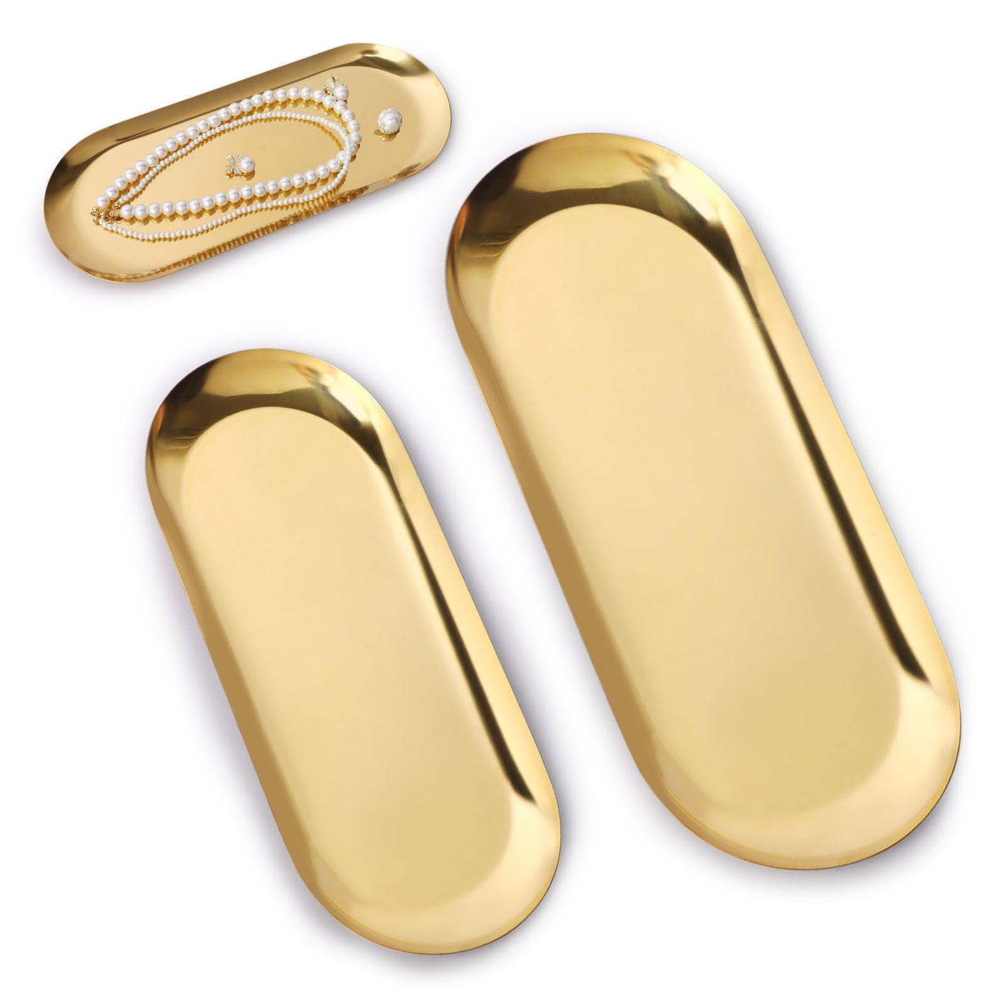 Minicoco 2PCS Oval Tray Stainless Steel Jewellery Cosmetic Tray Perfume Candle Holder Decorative Tea Fruit Key Bowl (Gold)