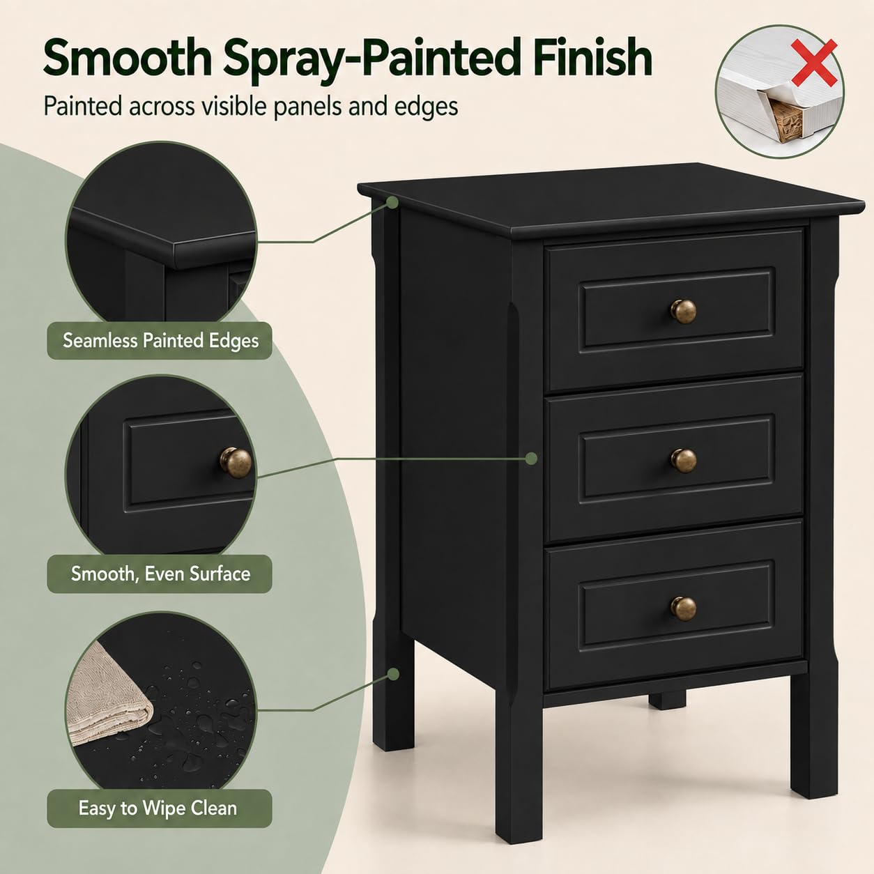 Yaheetech Bedside Table with 3 Drawers, Black