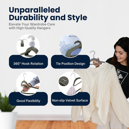 Sasha Morel 20 Pack Velvet Coat Hangers – Non Slip Velvet Hangers for Clothes, Space Saving Adult Hangers with Tie Organizer & Swivel Hooks