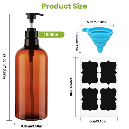 Decorniqu Pump Bottle Dispenser 1000ml 2 Pcs Refillable Plastic Press Pump Bottles Large Empty Liquid Hand Dish Soap Dispensers with Funnel and