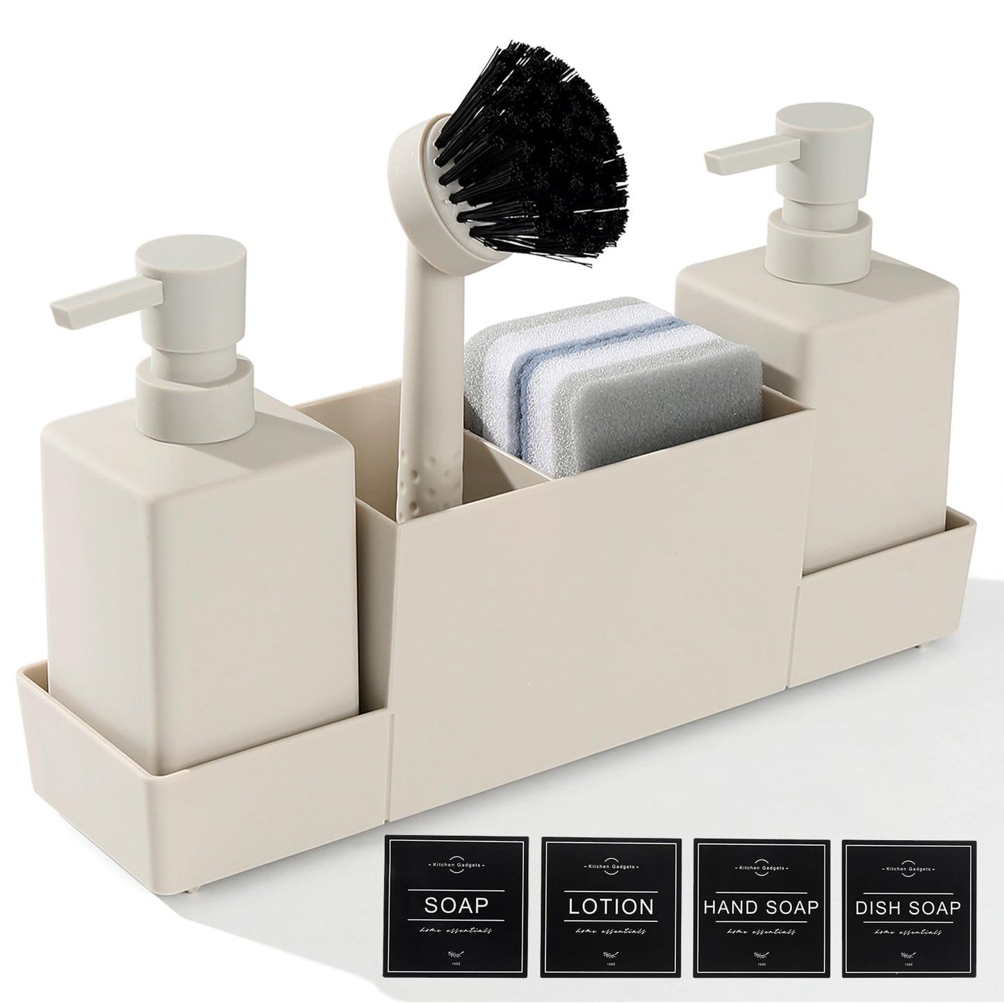 Kitchen Soap Dispenser Set, Washing Up Liquid Dispenser Beige with Sponge Caddy and Brush Holder, Dish Soap Dispenser for Kitchen Countertop Sink