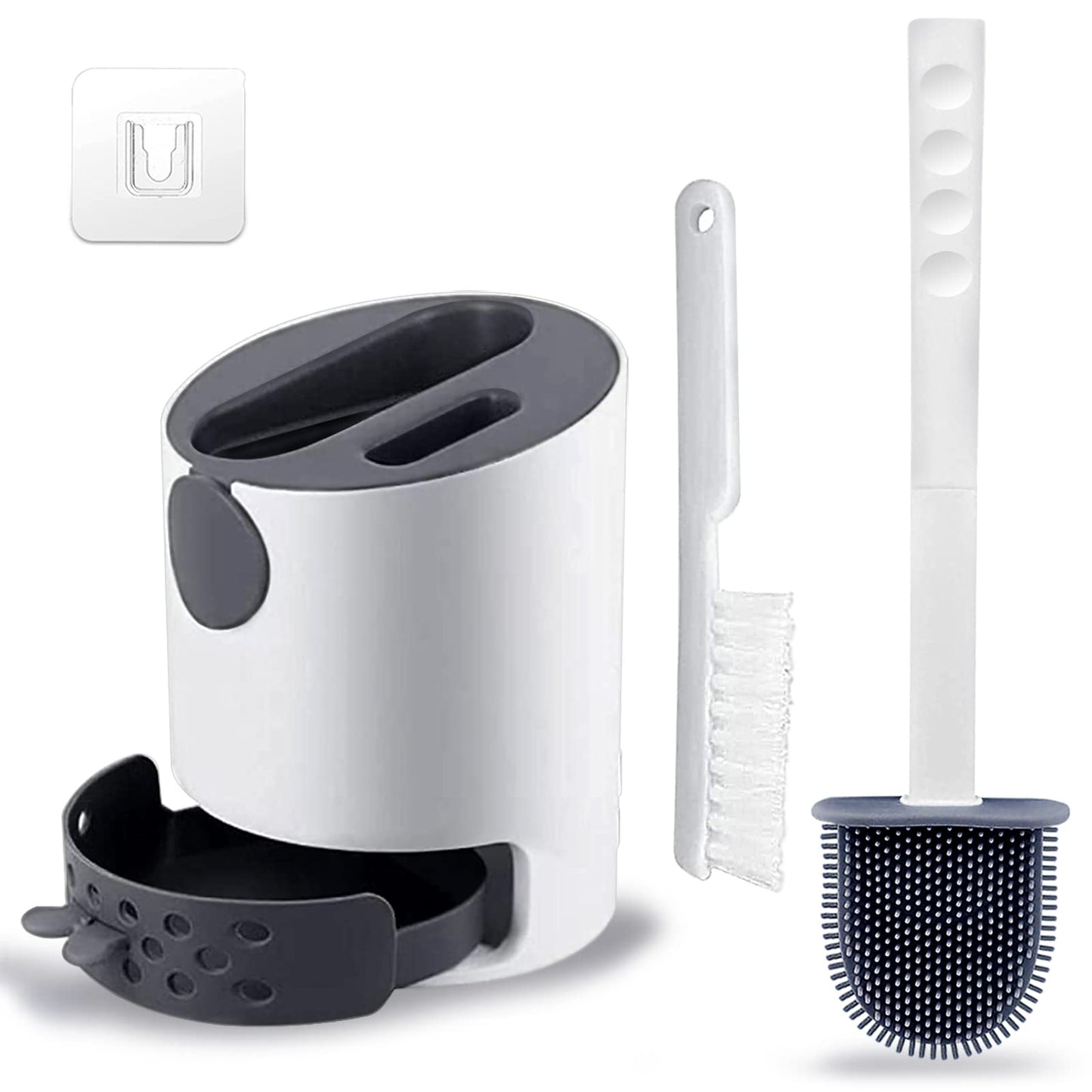 Hulameda [Double-Headed] Toilet Brush and Holder, Non-Slip Handle Soft Flexible Flat Head Bristles Silicone Toilet Brush, Drawer Type Quick Drying