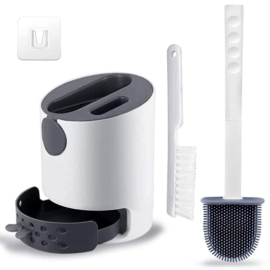 Hulameda [Double-Headed] Toilet Brush and Holder, Non-Slip Handle Soft Flexible Flat Head Bristles Silicone Toilet Brush, Drawer Type Quick Drying