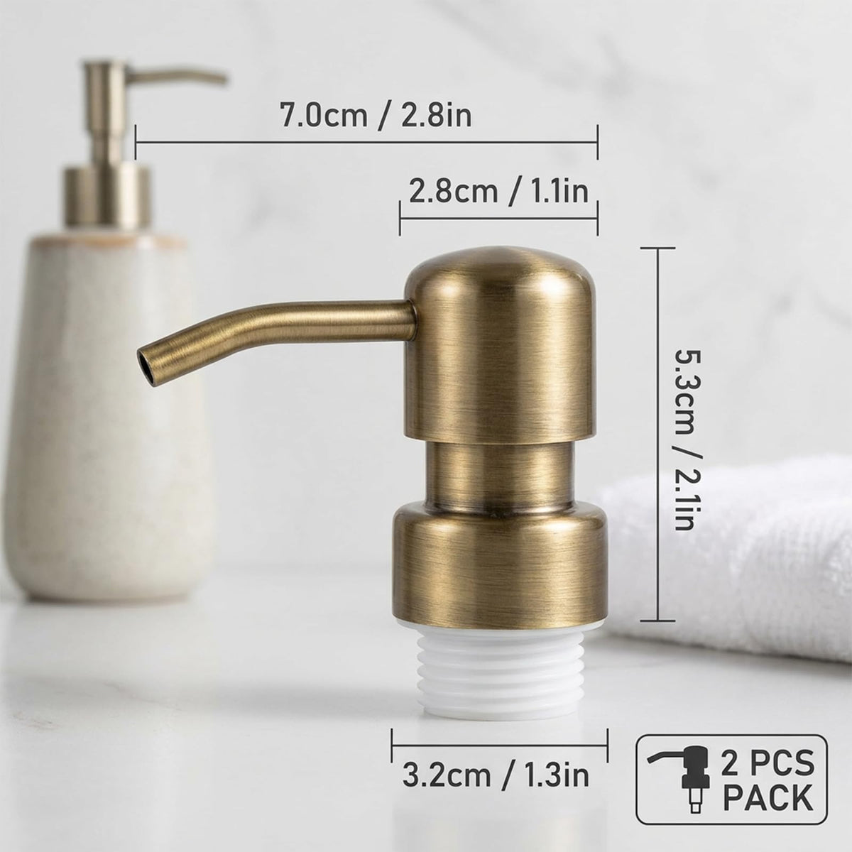 2 Pack Vintage Gold Stainless Steel Soap Dispenser Pump Replacement Heads, 304 Grade 28/400 Screw-In Thread