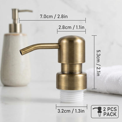 2 Pack Vintage Gold Stainless Steel Soap Dispenser Pump Replacement Heads, 304 Grade 28/400 Screw-In Thread