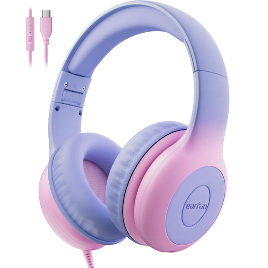 EarFun Kids Headphones Wired, Type C Foldable Headphones for kids with Mic 85/94dB Volume Limiter, Sharing Function Stereo Sound Children Headphones
