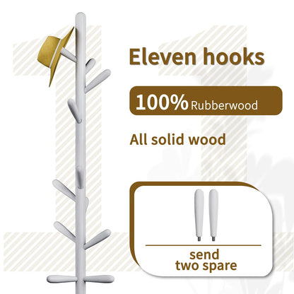 Solid Wood Coat Rack, Freestanding Tree-Shaped Coat Rack with 11 Hooks, Main Pole 1.6" dia for Clothes, Hat Stand Used in Bedroom/Office/Entryway