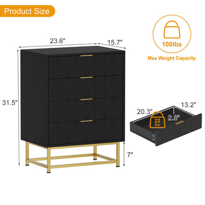 GarveeMore Chest of Drawers, 4 Drawer Wooden Bedroom Chest Cabinet with Metal Legs & Gold Handle, Modern Wide Storage Dresser for Bedroom
