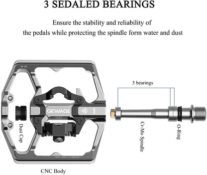 GEWAGE Mountain Bike Pedals - Dual Function Flat and SPD Pedals - 9/16" Compatible for Road, Mountain, BMX Bike