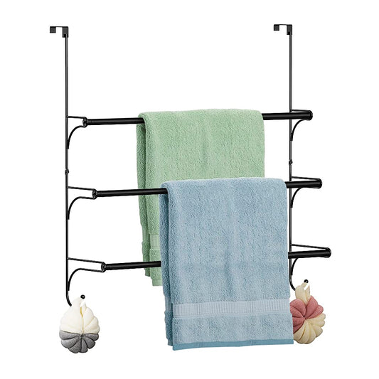 Over-the-Door Towel Rack - 3 Tier Hanging Expandable for Towels and Clothing - Black