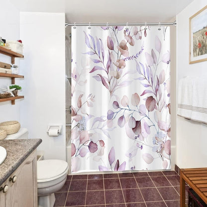 Uiiooazy Eucalyptus Shower Curtain, Pink Violet Leaves Floral Bath Curtain Mildew and Mould Resistant Waterproof Polyester Fabric Washable Opaque