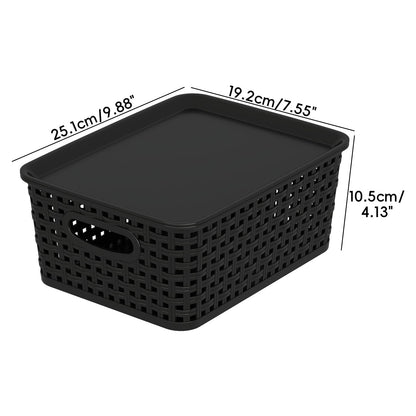 Julyeen Set of 6 Plastic Storage Baskets with Lids, Office Weave Organizer Basket Box, Black