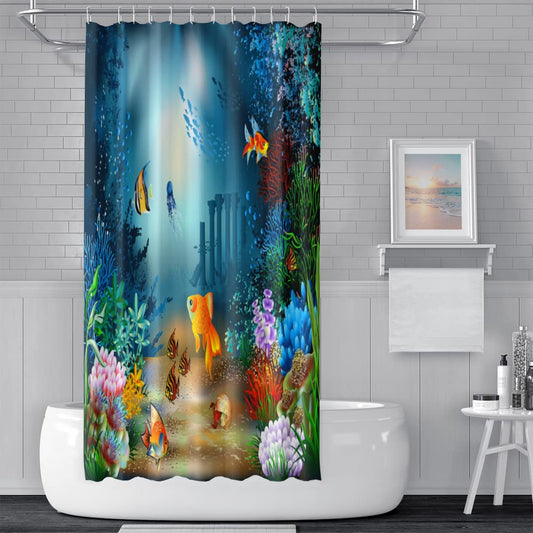 SDOTPMT 180x180cm Cute Tropical Fish Shower Curtain Green Seaweed Colorful Coral Bath Curtain Maine Creature Underwater Scenery Bathtub Curtain for