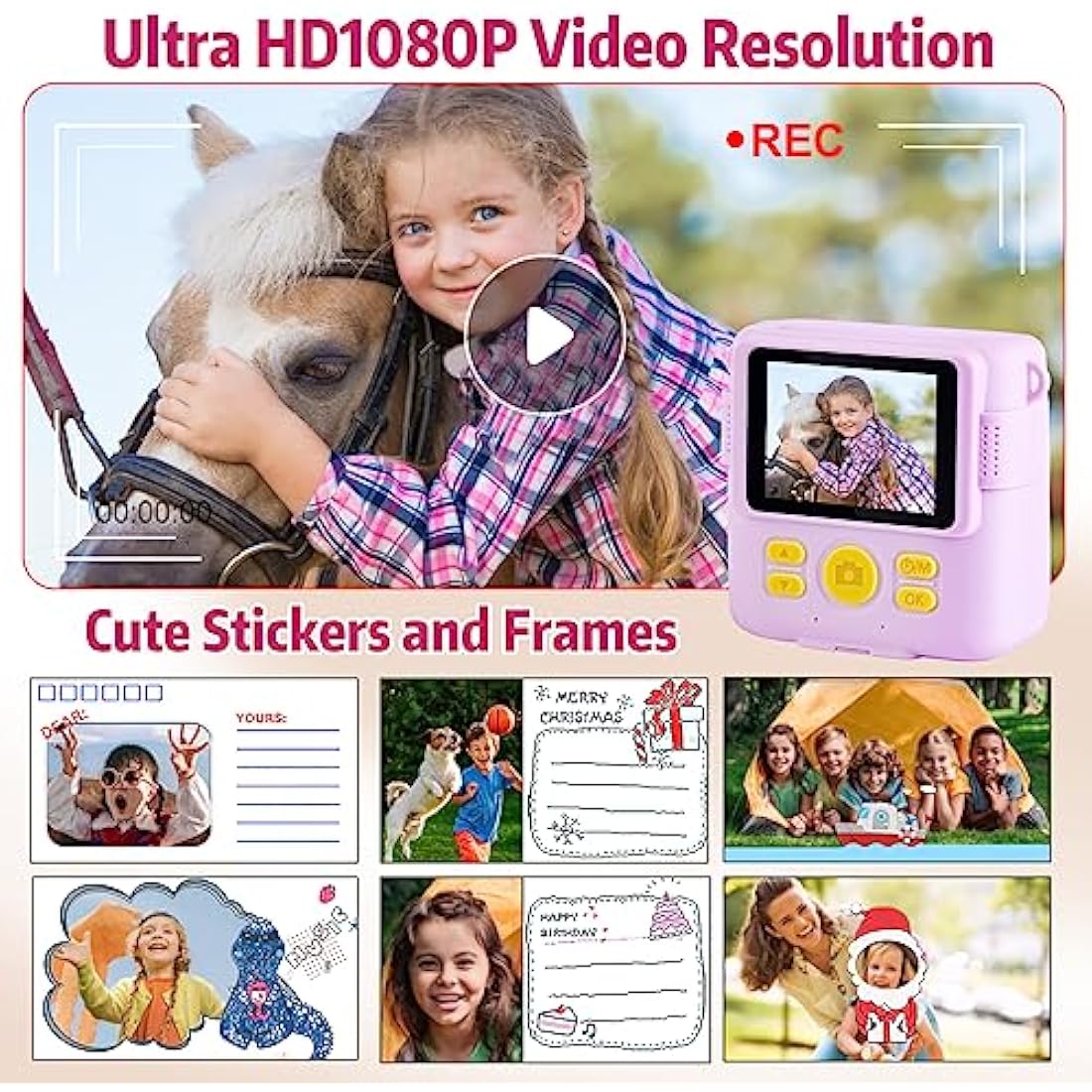 Kids Camera for Girls Boys, Instant Camera for Kids with Print Photo Paper,1080P HD Kids Digital Camera with 32GB SD Card Portable Toy Birthday Gifts for 3 4 5 6 7 8 9 10 Year Old Girl boy