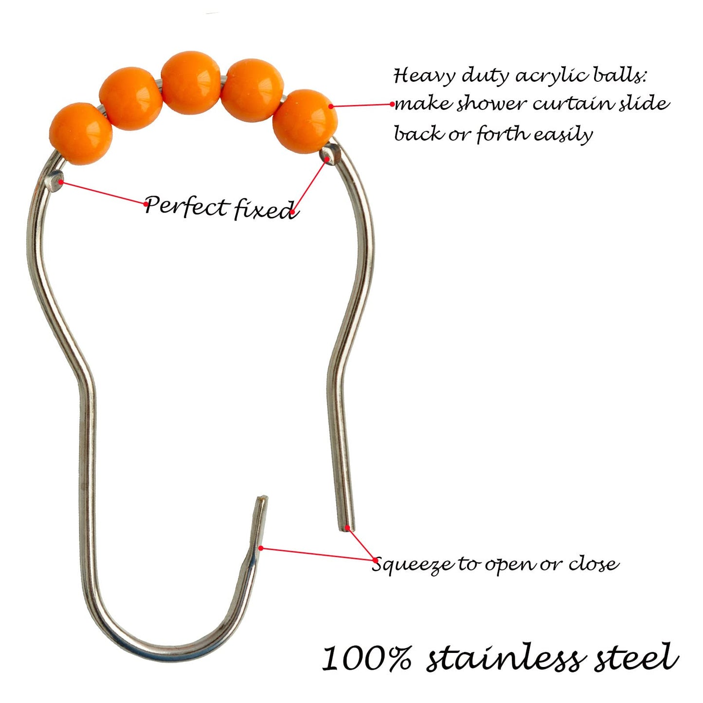 Shower Curtain Hooks Rings Stainless Steel Shower Hooks Orange Acrylic roller Balls Rustproof Heavy Duty for Bathroom Curtain(Orange)