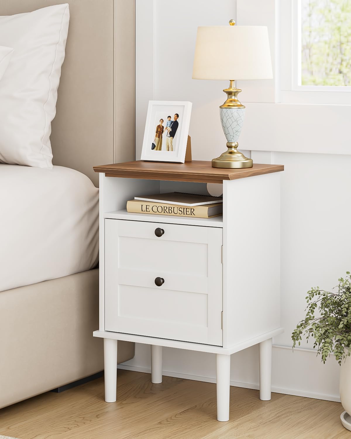 HEYZOEY Wooden Bedside Cabinet with Door & Open Top Shelf ? Side Table for Bedroom & Living Room,Fits Small Space (White 15.35?x 11.42?x23.5?)