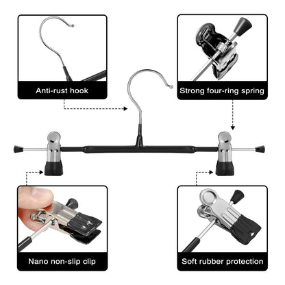 GUANJUNE Thin Trouser Hangers - Non-Slip Pant Hangers with Adjustable Clips, Space Saving for Clothes, Skirt, Jeans, Coat (Black, 10)