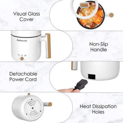 Audecook Electric Hot Pot with Steamer, 1.8L Portable Mini Travel Cooker, Multifunctional Non-Stick Electric Skillet for Stir Fry/Stew/Steam, Perfect